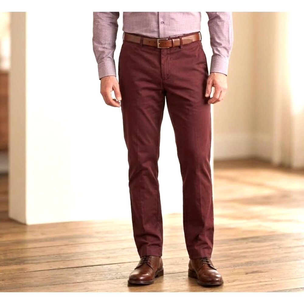 Brooks Brothers Men's Cotton Flat ft Burgundy Red Straight Chino Pants - W40/L32